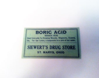 Antique Pharmacy Label, Boric Acid Label, Boric Acid Antique Pharmacy Label, Vintage Pharmacy Label, Siewart's Drug Store *Free Shipping*