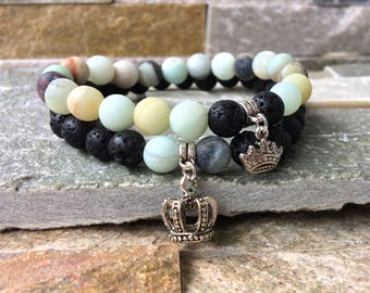 Partner bracelets Crown King & Queen bracelet set him and Amazonite lava beads 8 mm long distance relationship