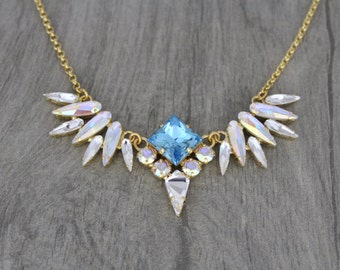 Crystal Bridal necklace, Wedding jewelry, Bridesmaid necklace, Swarovski crystal necklace, Gold necklace, Aqua Blue crystal necklace