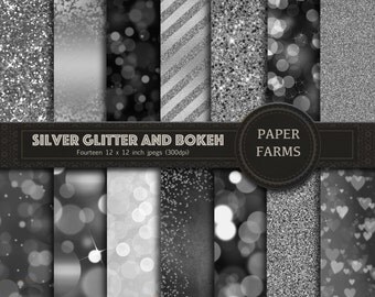Silver bokeh digital paper, silver glitter digital paper, silver glitter and bokeh, scrapbook paper, bokeh effects, metallic, download