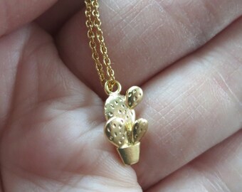 Cactus Necklace, Gold Cactus Necklace, 18 in Chain, Boho Jewelry for Wife, Boho Necklace, Cactus Planter Pots, Long Dainty Necklace, Cactus