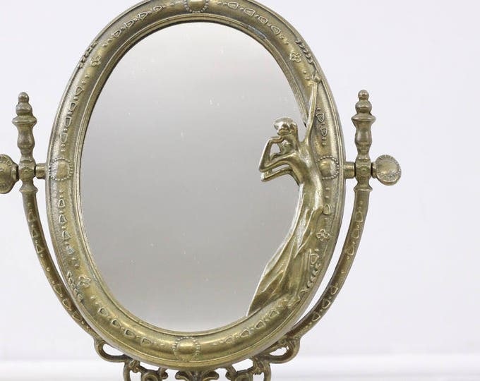 Art nouveau mirror, vintage brass mirror, ornamental dressing table picture frame, small table standing swing mirror, rustic home decor