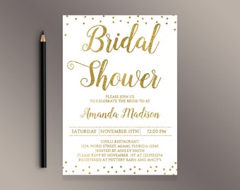 Bridal Shower Invitation, Gold confetti Bridal Shower invite, Digital Printable Invitations, White and gold glitter invites, Bridal Brunch