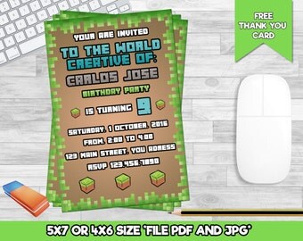 Mine Themed Invitation Personalized Printable, Boy Girl Birthday Printables Kids Pixel Party Inspired by Mine Themed Invitation Custom Card