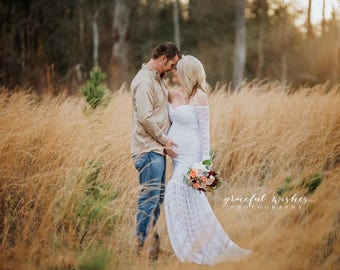 Beautiful white lace maternity wedding dress/maternity wedding gown/bridal dress/mermaid style maternity dress/boho wedding gown/evening
