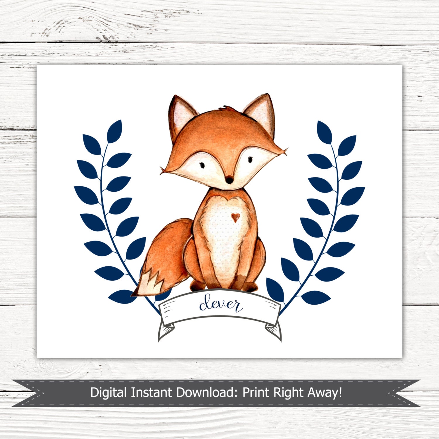 Fox Nursery Art. Fox Nursery Print. Orange and Navy Nursery