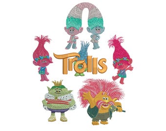 50% off - Trolls machine embroidery designs - 4in hoop - Set No.4 - Trolls Movie Logo, Satin Chenille, 2 Princess Poppy, Peppy and Prince