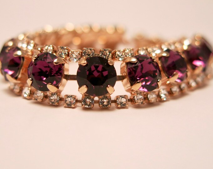 Luxury statement purple amethyst Swarovski crystal bracelet jewelry prong set in rose gold. Tennis bracelet, amethyst birthstone