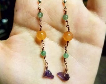 Carnelian, amethyst and aventurine earrings.