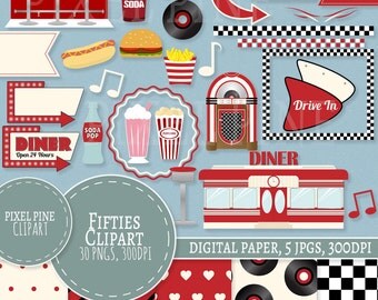 1950s Clipart Set, Red Diner 30 PNGs, 5 1950s Digital Paper JPGs, Commercial Use, Retro red Fifties clipart, 1950s clip art set