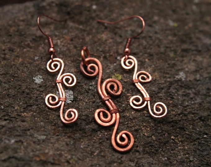 Hammered Copper Spiral Swirl Pendant Necklace with Matching Earring Set, Handmade One of a Kind, OOAK Jewelry, Gift for Her