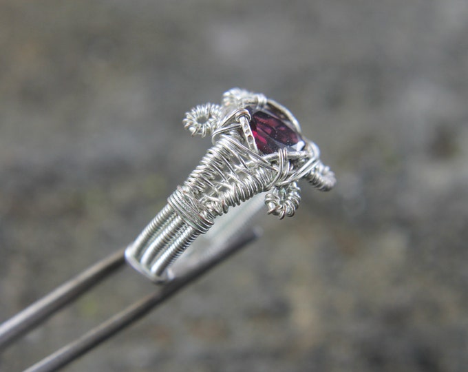 Silver Wire Weave Garnet Gemstone Ring Size 9, Wire Wrap January Birthstone Jewelry, Unique Birthday or Valentine's Day Gift for Him or Her