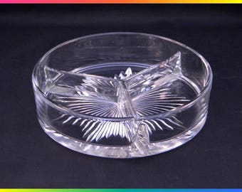 Vintage Clear Glass Relish Tray, Round with Three Sections, Radial Pattern of a 9-Pointed Star on the Base