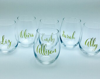Personalized stemless wine glasses (font style 1) sets of 5, 6, 7 or 8