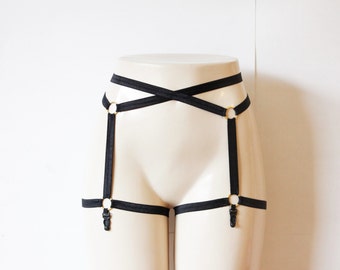 Sexy Black Garter Belt: Body Cage Garters, Body Harness Garter Belt, Black Lingerie, Black Garters, Burlesque Costume, Black Suspender Belt