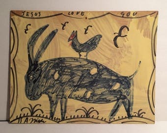 Original R A Miller Folk Art Painting "JESUS LOVE YOU" w Spotted "Devil" Goat, Chicken and Birds