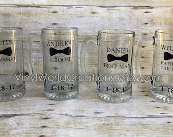 Set of 4 Bridal party mugs, Groom, best man, groomsman, and father of the bride mugs, customized beer mug, personalized vinyl beer mugs