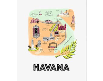 Havana Cuba Map / Illustrated Map/ Havana Art Print