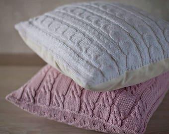 Cable knit pillow cover. Decorative pillow 45x45. Knit home décor. White knit pillow