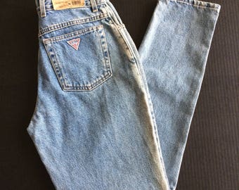 New Old Stock 1980s Guess Jeans 32 High Waisted Light Blue Faded Denim Skinny Tapered