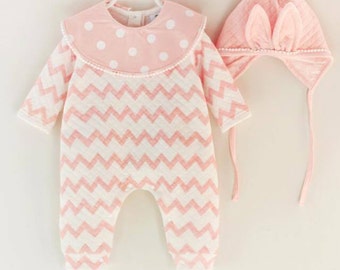 Baby Girl Soft Pink and White Zig Zag Romper with hat