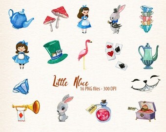 Alice in Wonderland Clipart Alice Clip Art Watercolor Alice Adventures Mad Hatter Tea Party Eat Me Drink Me White Rabbit Key Illustration