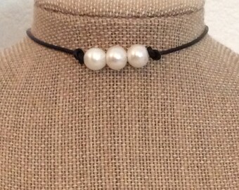 Leather Pearl Choker 3 Pearl Leather Choker Necklace by JL Jewelry & Novelties