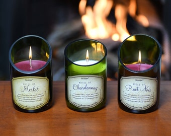 3-Piece Wine Bottle Candle Set; Beautiful Scents of Merlot, Pinot, Chardonnay, Rose, Cabernet
