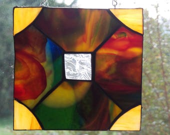 Stained Glass Suncatcher/Square/Geometric/Sunburst/Art Deco Style/Rare Glass