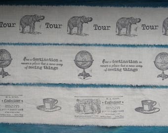 Ribbon muslin hand stamped ribbon scrapbook card making vintage looking decor cotton ribbon old ads elephant globe travel decor gift wrap