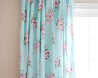 Aqua Turquoise Blue Pink Cottage Shabby Chic Rose Ruffle Cotton Ribbon Bow Ties Curtain