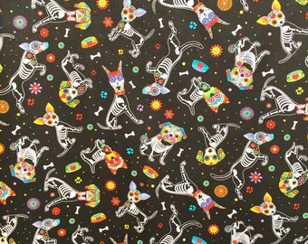 Dog fabric - sugar skull skeleton - black dog cotton - fun dog print - sugar skull fabric - dogs and bones fabric - animal print fabric