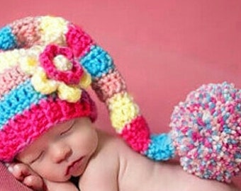 long tail crochet hat RAINBOW flower beanie hat long tail cap/hat multicolor hat for baby pompom hat 1st photo taken hat baby shower gift