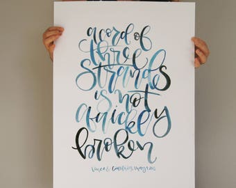 Ecclesiastes 4:12, a cord of three strands, wedding sign, wedding gift, anniversary gift, original handlettering, watercolor calligraphy