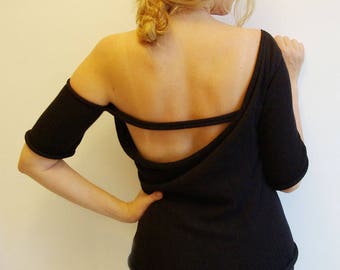 Asymmetric top Off shoulder top Open back top Unique design top Summer knitted top Black top