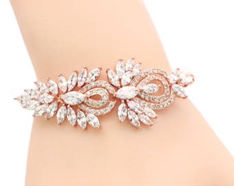 Bridal bracelet, rose gold, wedding bracelet, Swarovski pearl, crystal bracelet, cz bracelet, Art Deco bracelet, Art Deco jewelry