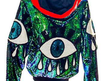 Iridescent sequinned mermaid festival eye jacket