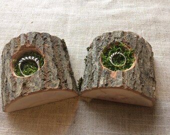 His and Hers Ring Bearer Pillow Alternative,Natural Wood Slice,Woodland Wedding,Moss Ring Bearer Pillow,Country Wedding, Ring Bearer Pillow