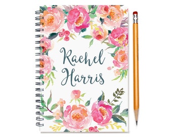Customized Journal, Custom Notepad, Personal Diary, Add a Name, Personalized Journal, Custom Notebook, Pink Watercolor Flowers