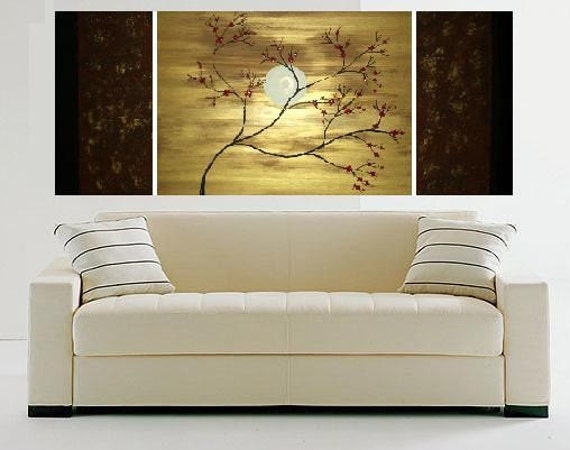 ORIGINAL Abstract Modern Zen Painting Gold Red Flowers Cherry