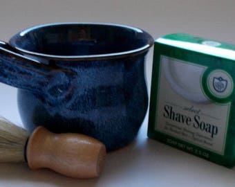 Shave Mug Gift Set for Him Wheel Thrown Stoneware Pottery Cobalt Blue