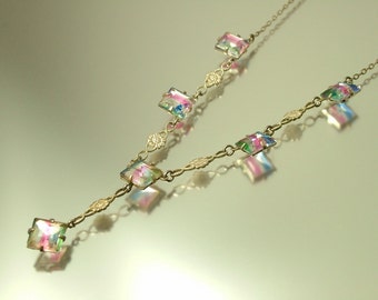 Vintage jewelry 1930s / 1940s Art Deco rainbow iris glass diamante rhinestone/ open back paste costume necklace - jewellery