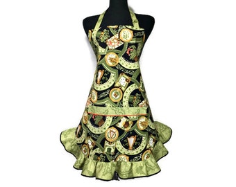 Luck of the Irish Apron for Women , Green , Gold and Black with retro style Ruffle , St Patrick's Day Kitchen Decor , Adjustable with pocket
