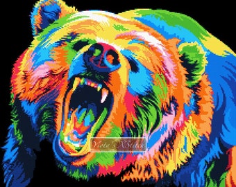 Modern cross stitch kit, Rainbow bear - abstract counted cross stitch kit, colourful