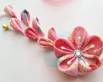 Pink Fuchsia Blue Gold Cherry Blossom Kimono Chirimen Fabric Flower Hair Clip