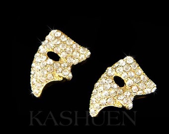 Swarovski Crystal Phantom of the Opera Masquerade Mask Gold Tone Stud Earrings Jewelry Womens Christmas Best Friend BFF Birthday Gift New