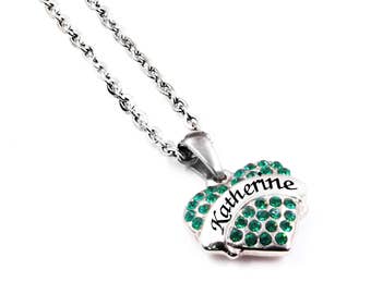 Emerald Flower Girl Necklace, Personalized Engraved Flower Girl Name, Birthstone, Dainty Necklace, in 16 crystal color choices
