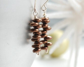 Cinnamon Brown Earrings, Beaded Stacked Earrings, Metallic Earrings, Brown Glass Earrings, Sterling Silver, Everyday Earrings
