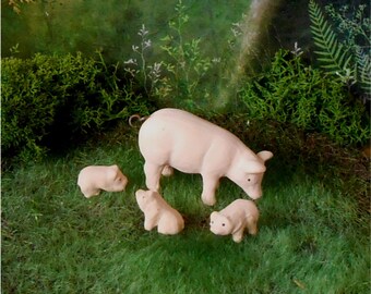 Set of 4 Pig and Piglets Figurine~Miniature Pig~Miniature Hog~Mini Pig and Piglets~Miniature Farm Animals~Fairy Garden~Miniature Garden