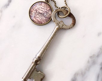 London Vintage Map Skeleton Key Necklace - Travel - Wanderlust - Honeymoon - UK - Great Britain